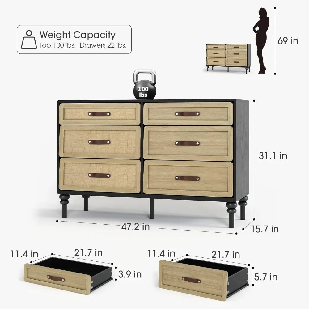 6 dresser drawers for bedroom wooden natural rattan chest of modern storage cabinet w/ design close - black oak