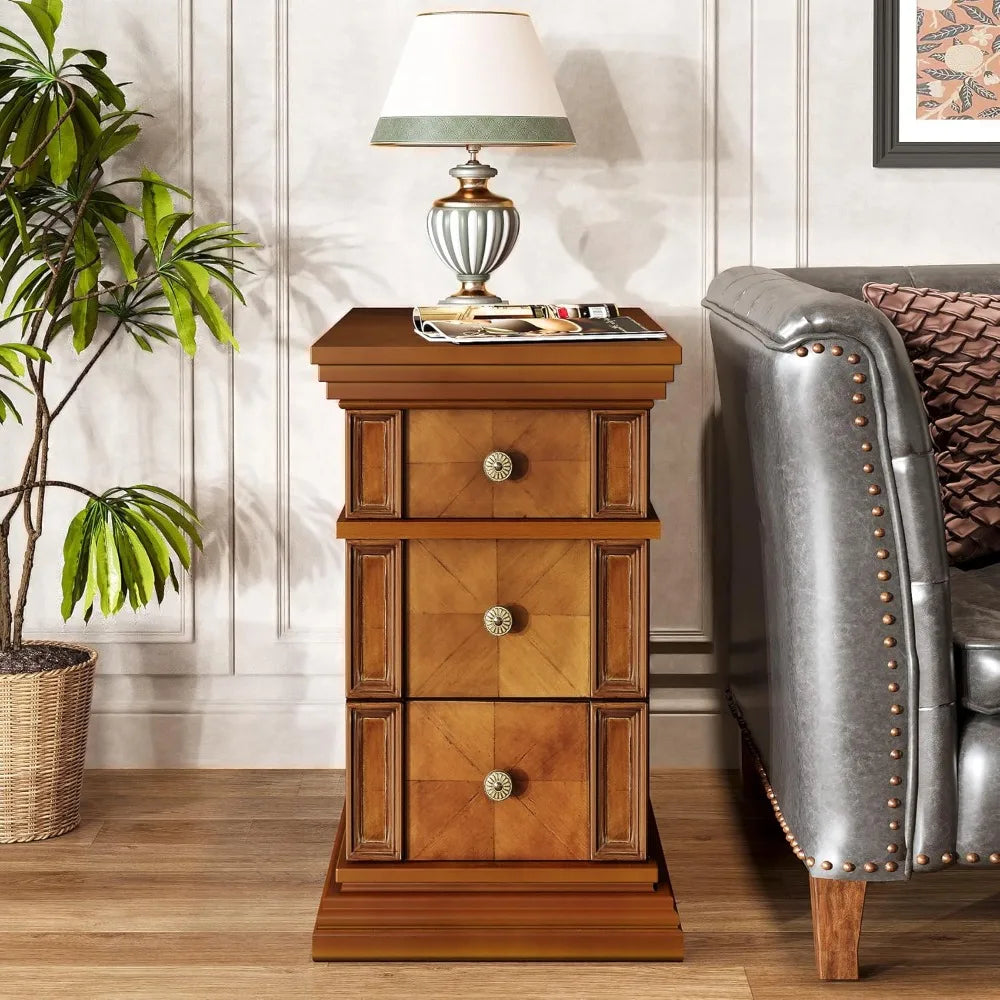 Vintage 3-drawer narrow end table slim rectangular wooden bedside furniture for living room