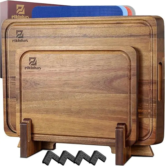 Cutting boards large set of 7 acacia wood charcuterie chopping board for kitchen with holder non slip feet plastic