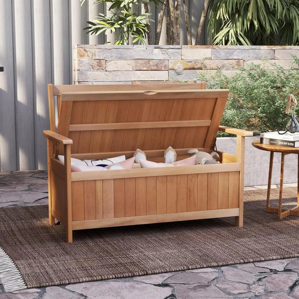 48 inch patio storage bench wood loveseat with 34.2 gal inner space entryway large deck box w/slatted backrest woode