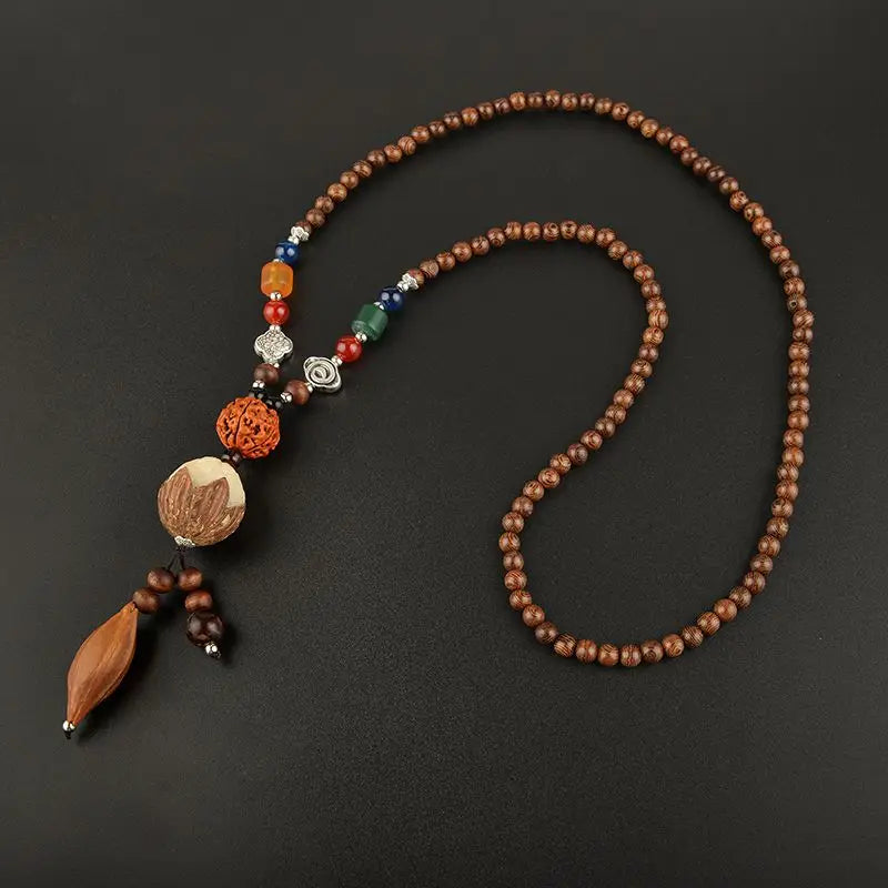 Chinese style minimalist wooden necklace long buddha bead sweater chain versatile personalized pendant men’s