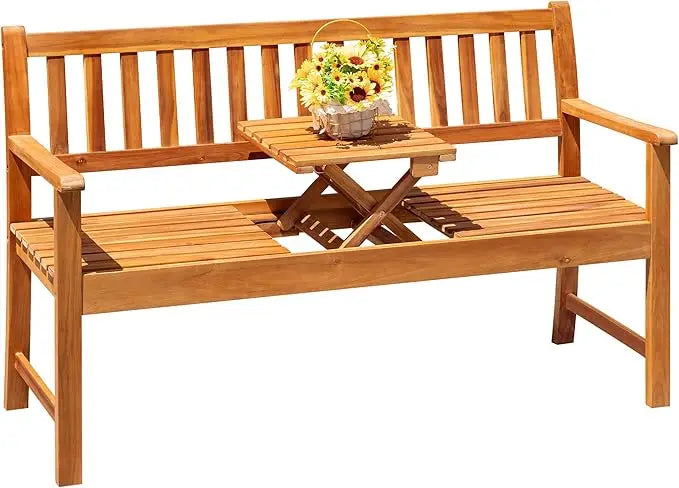 2-person wooden outdoor garden bench patio loveseat with pull-out center table for backyard balcony furniture - log