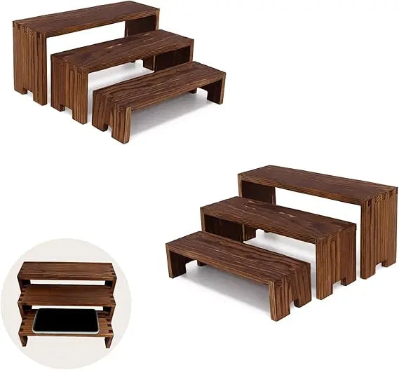 Display wood risers wooden stand 3 tier racks decorative rectangular 2 set 6 piece cupcake stands cologne perfume