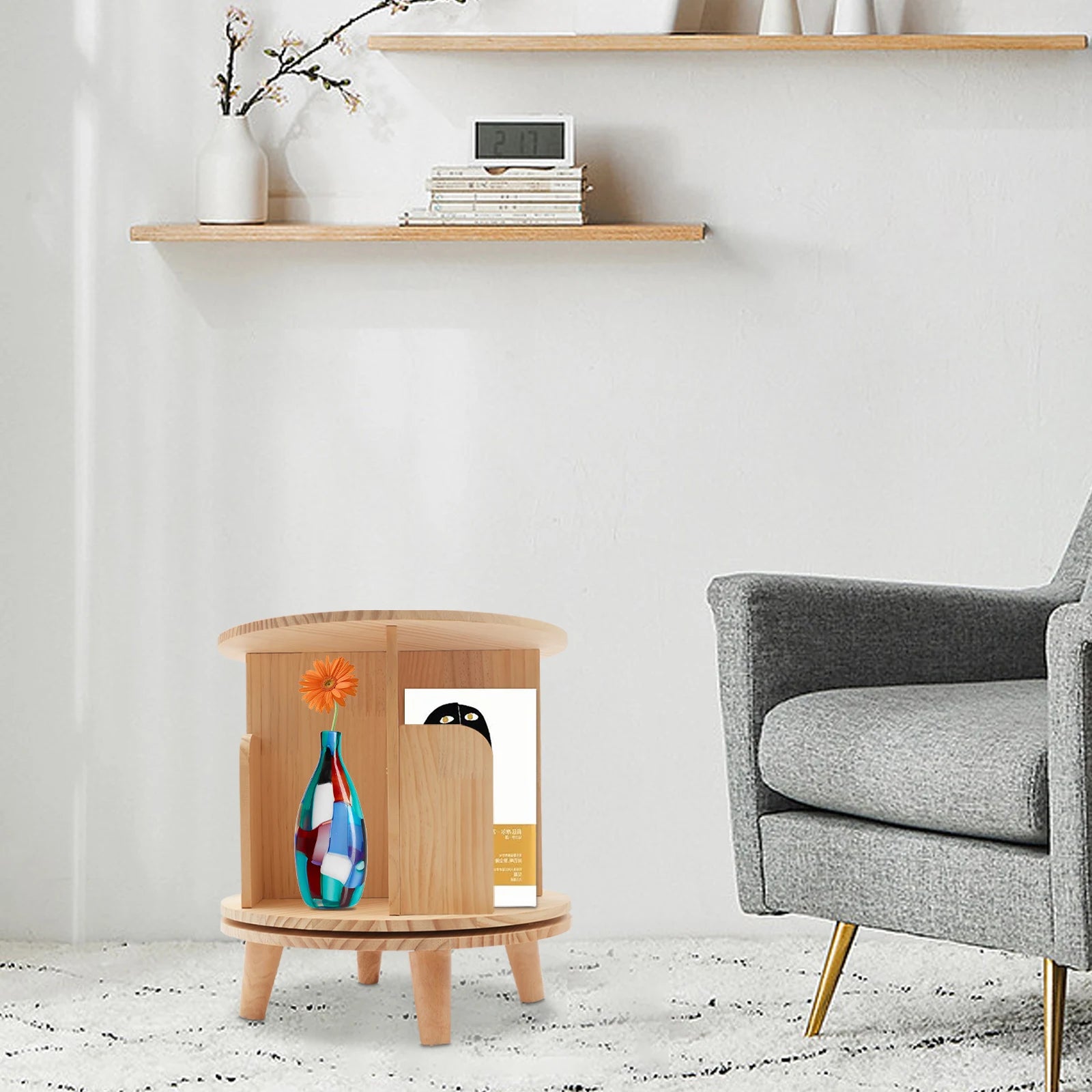 Revolving bookshelf new zealand pine wood 4 compartments strong load-bearing capacity (110lbs) minimalist design