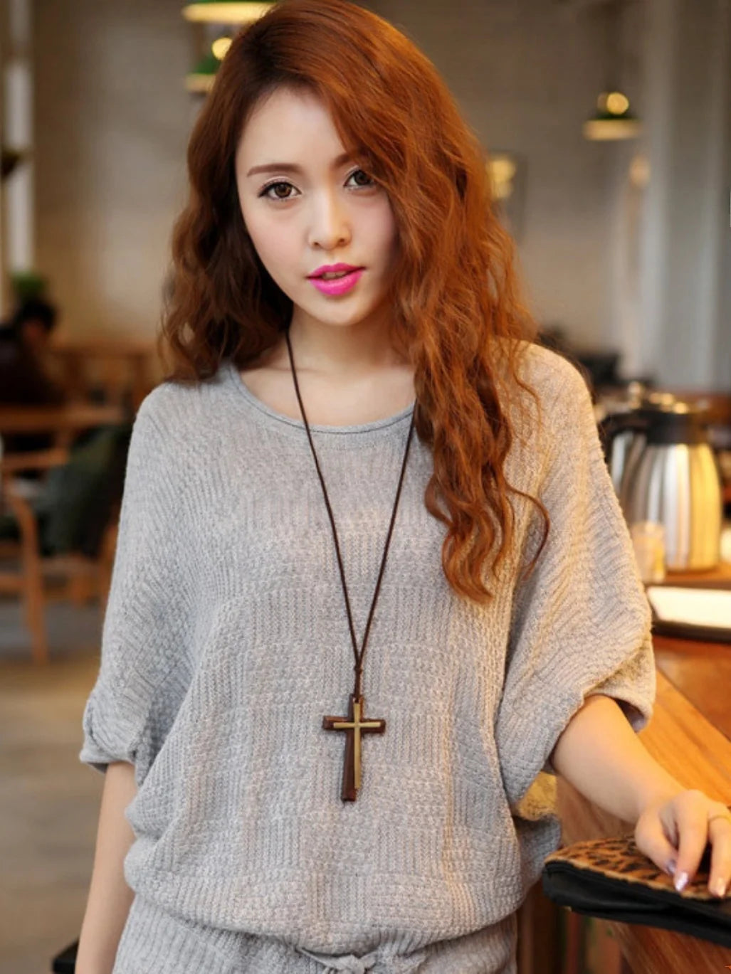 Retro artistic wooden cross nelace korean faion pendant long men’s sweater chain hanging decoration ex version