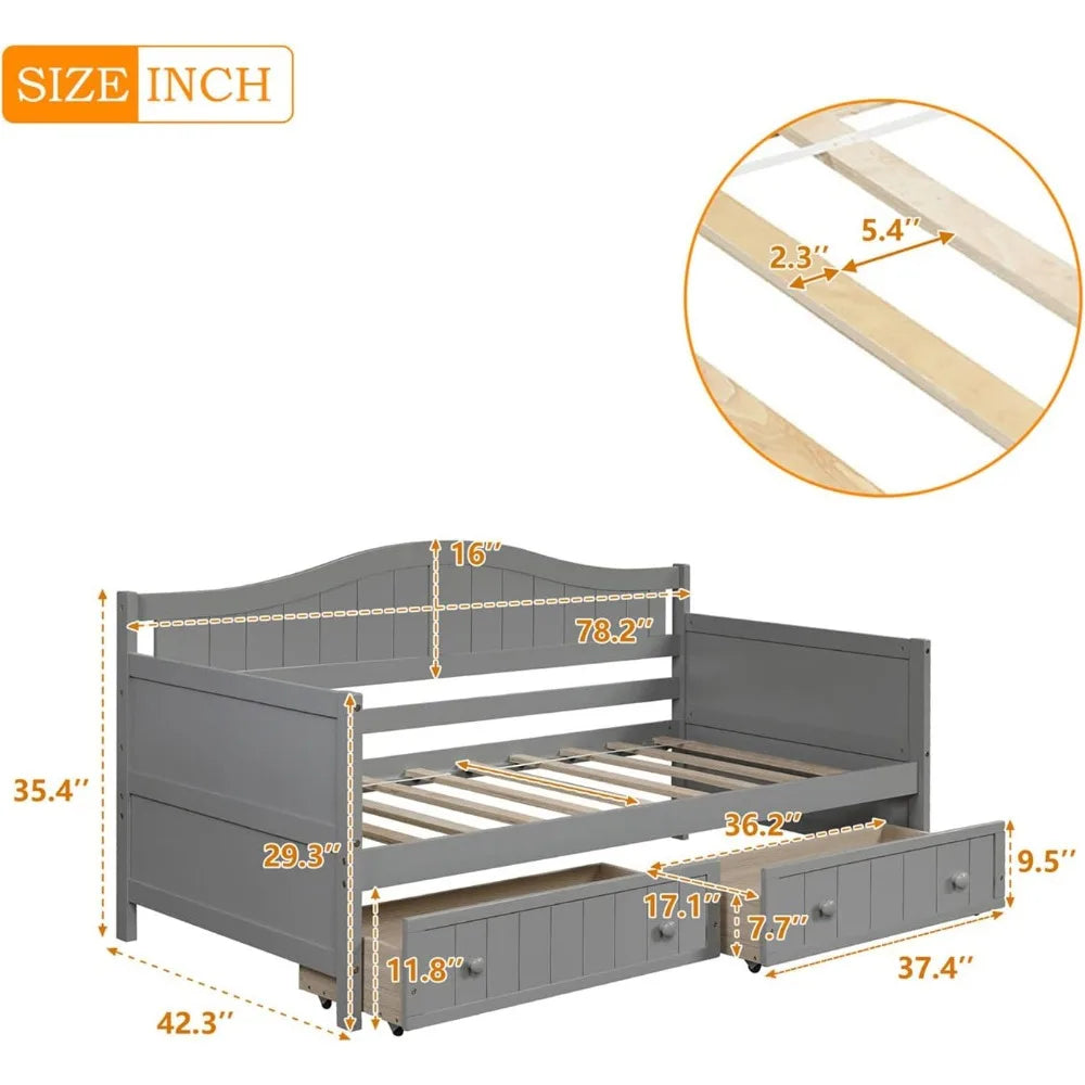 Twin daybed with storage drawers wood day bed frame for living room bedroom dual-use sofa beds kids guests sleepovers