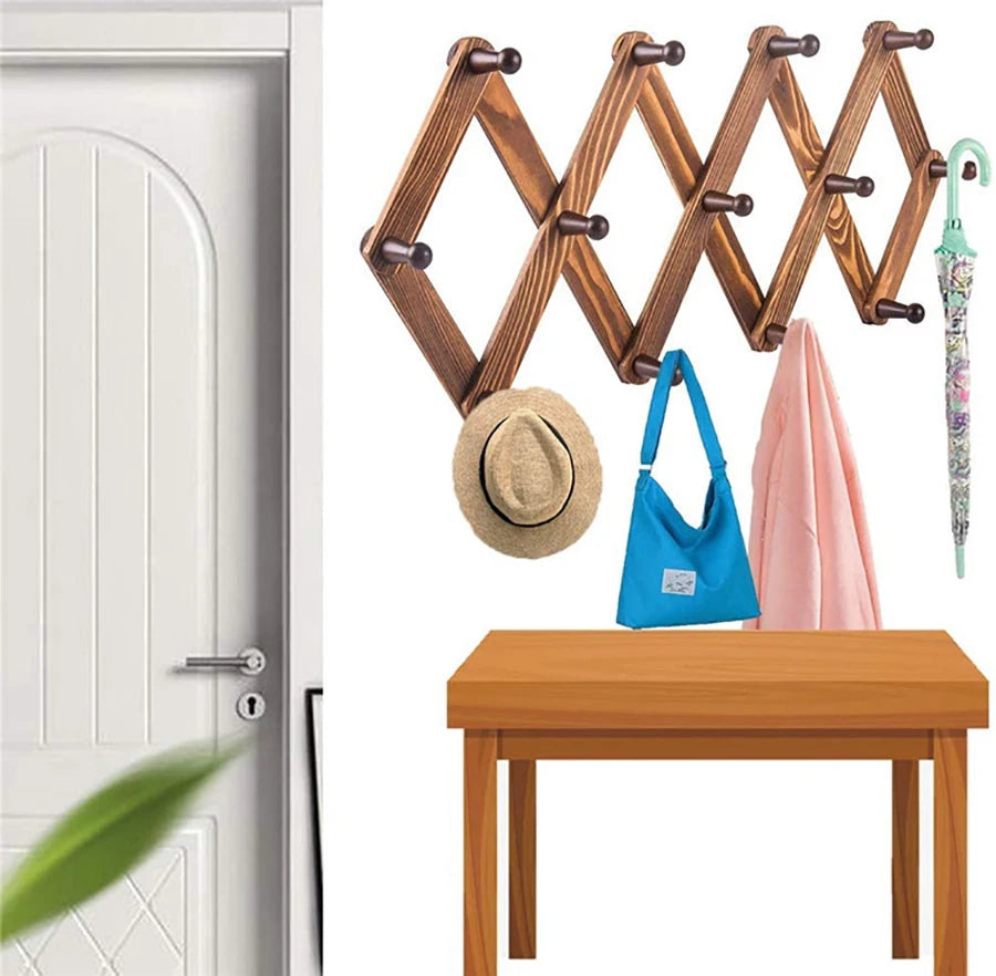 Entrance porch hanging hanger wall clothes hook walnut wood shelving living room storage shelf