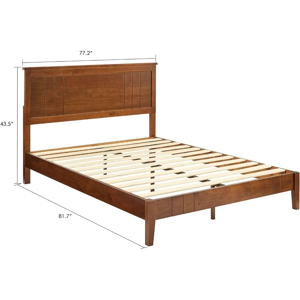 Mid-century modern solid wooden platform bed with adjustable height headboard for bedroom,king size frame - walnut