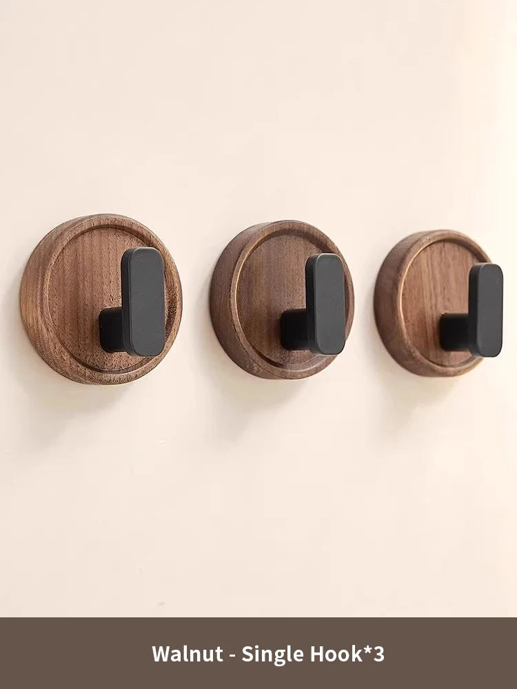 Walnut wood coat rack hooks black wall hangers for hanging keys clothes bathroom robe and towels entryway， no drilling