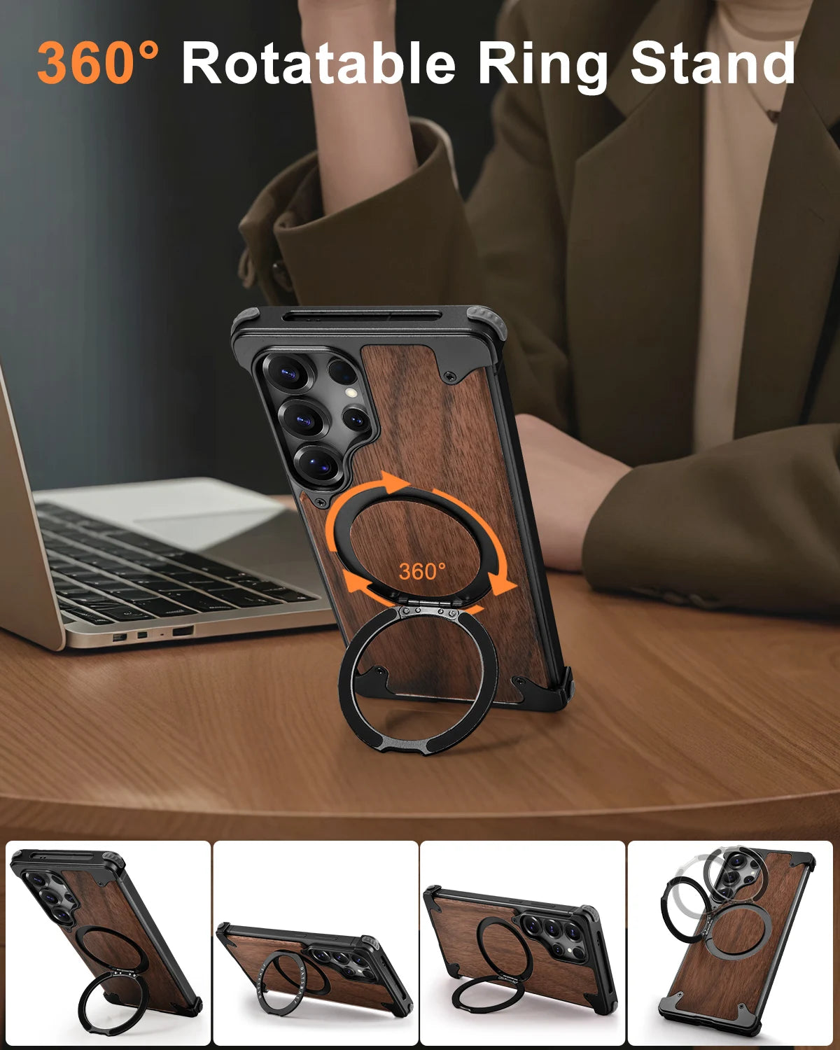 Eary premium wood phone case for samsung galaxy s25 s24 ultra with magsafe 360° rotation ring stand frameless