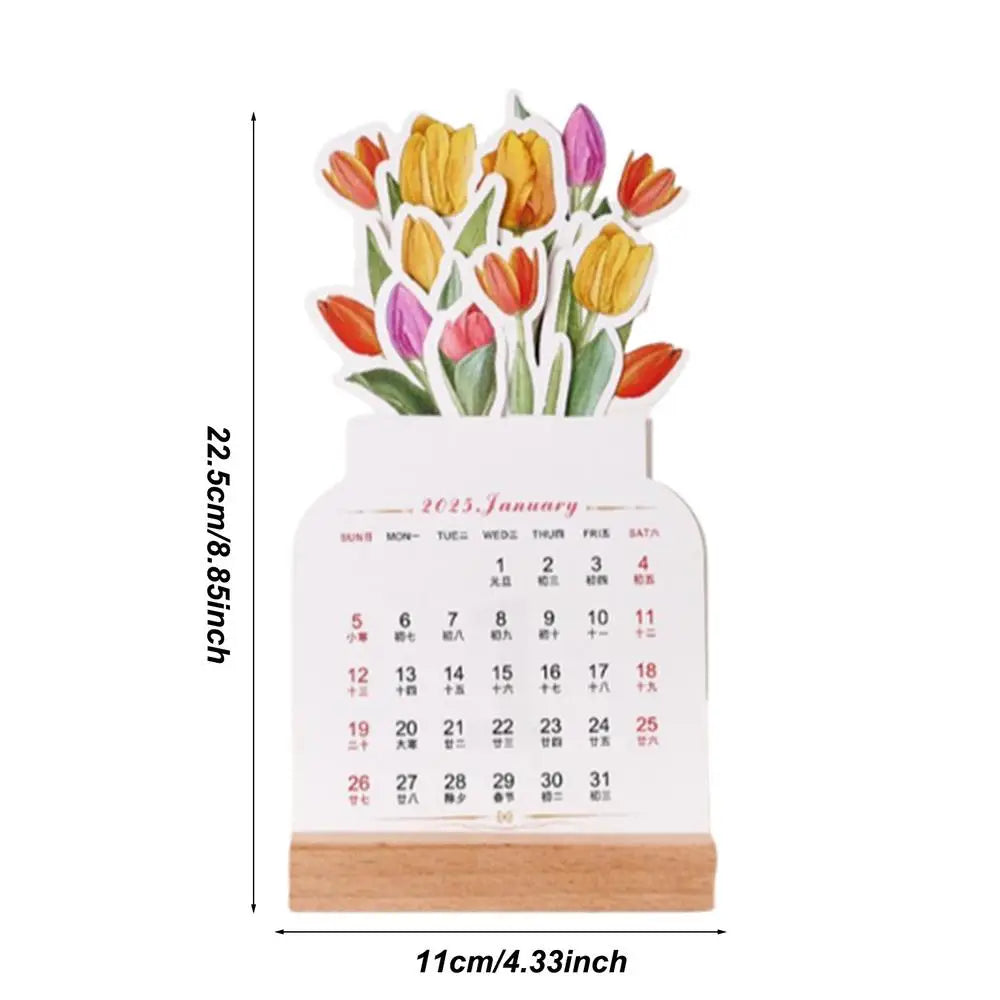 Bloomy flower desk calendar wooden frame creative mini decorative ornaments notebook supplies 2025 - a / czech republic