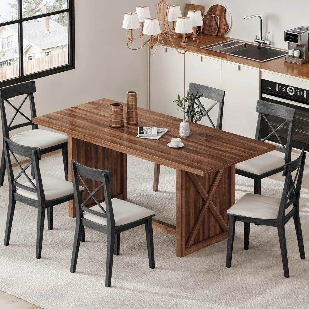 Rustic 70.8’’ rectangular farmhouse dining table seats 6-8 people wood dinner for kitchen - united states / rustic brown