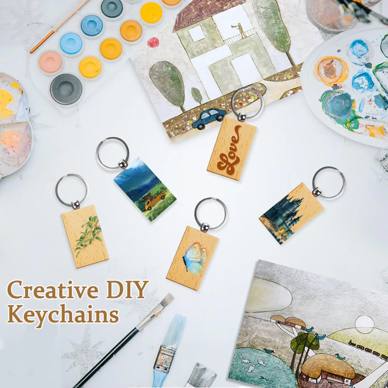 20pcs blank wooden key chain rectangle tags wood keychains ring for diy craft - rectangular