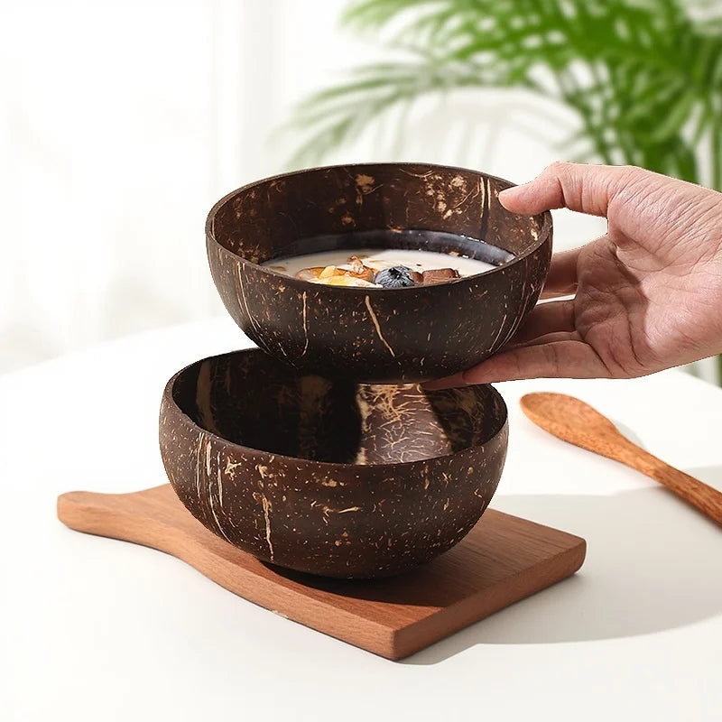 1/5pcs coconut bowl wooden spoon set smoothie kitchen tableware dessert fruit salad mixing rice ramen natural bowls