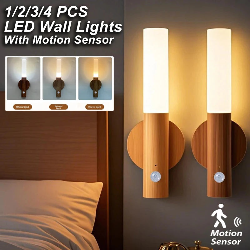 1-4pcs led wall lights motion sensor lamp rechargeable magnetic wood grain night light for bedroom bedside stairs