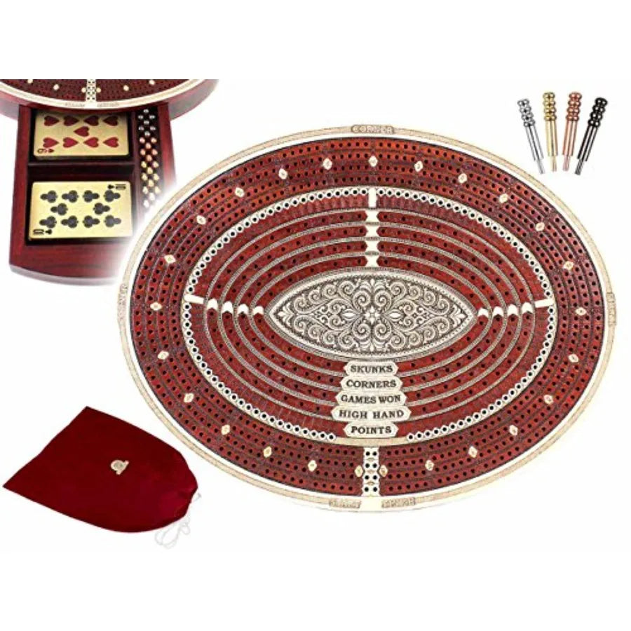 oval-shape-4-tracks-continuous-cribbage-board-and-box-in-bloodwood-maple-with-place-for-skunks-corners-won-games-high-hand-and