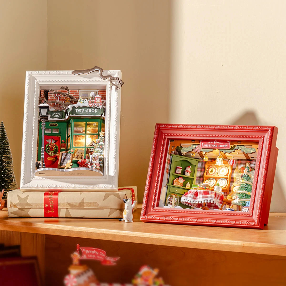 Rolife christmas eve party 3d led diorama snap together wooden puzzle kit for wall tabletop festive home decor gift