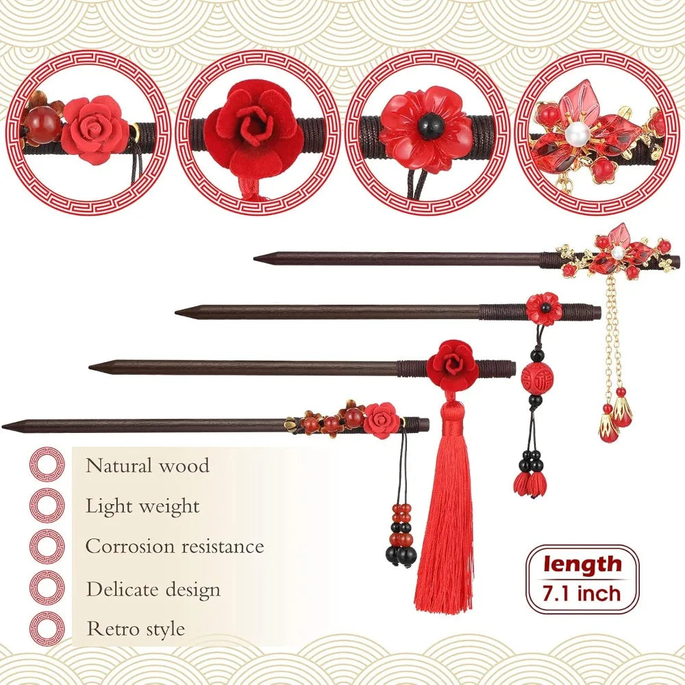 Waydress 4 pcs asian hair stick accessories for women chinese japanese chopsticks clips retro geisha red wooden cherry