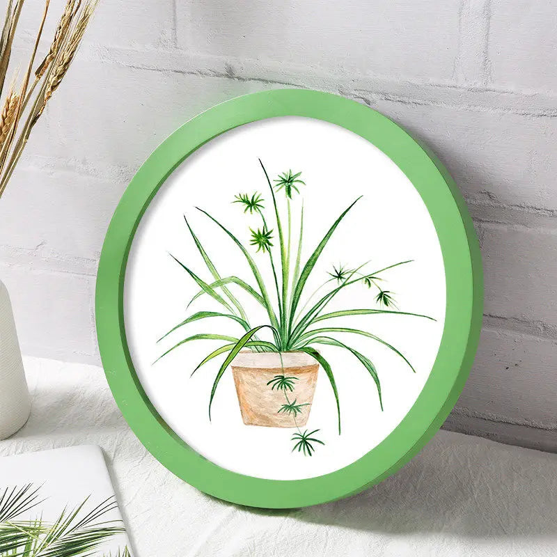 Classic wood round photo frame simple nordic style picture frames hanging solid color background wall decoration