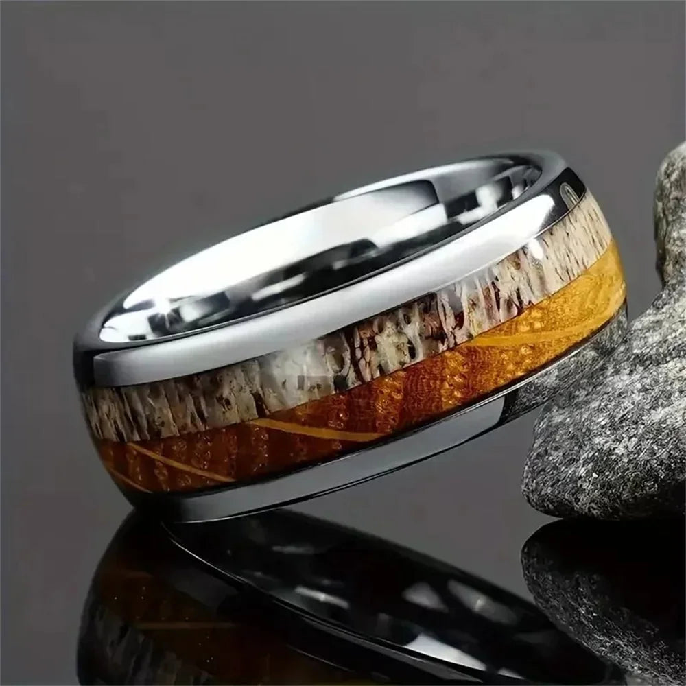 Fashion 8mm men stainless steel rings silver color brushed deer antler and koa wood for wedding band jewelry wholesale