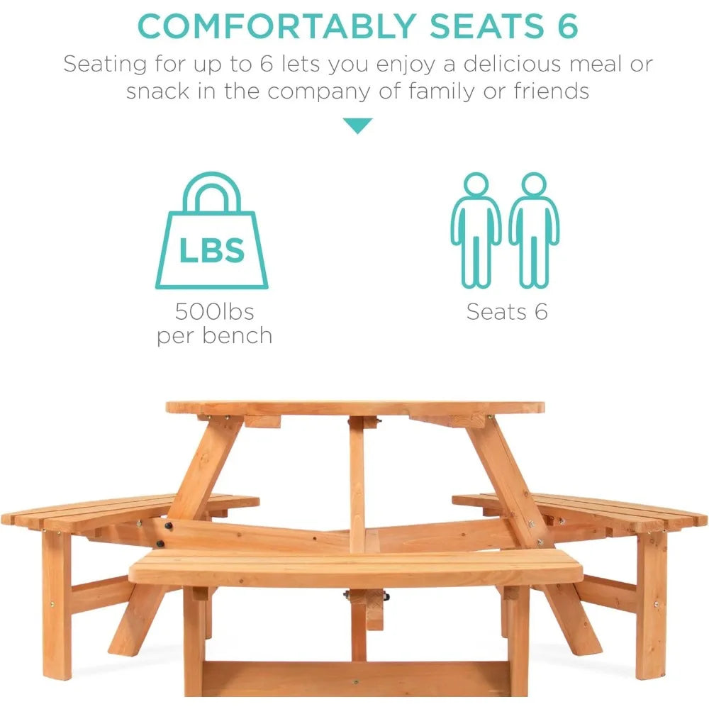 6-person circular wooden picnic table with built-in benches for outdoor patio backyard garden use - united states