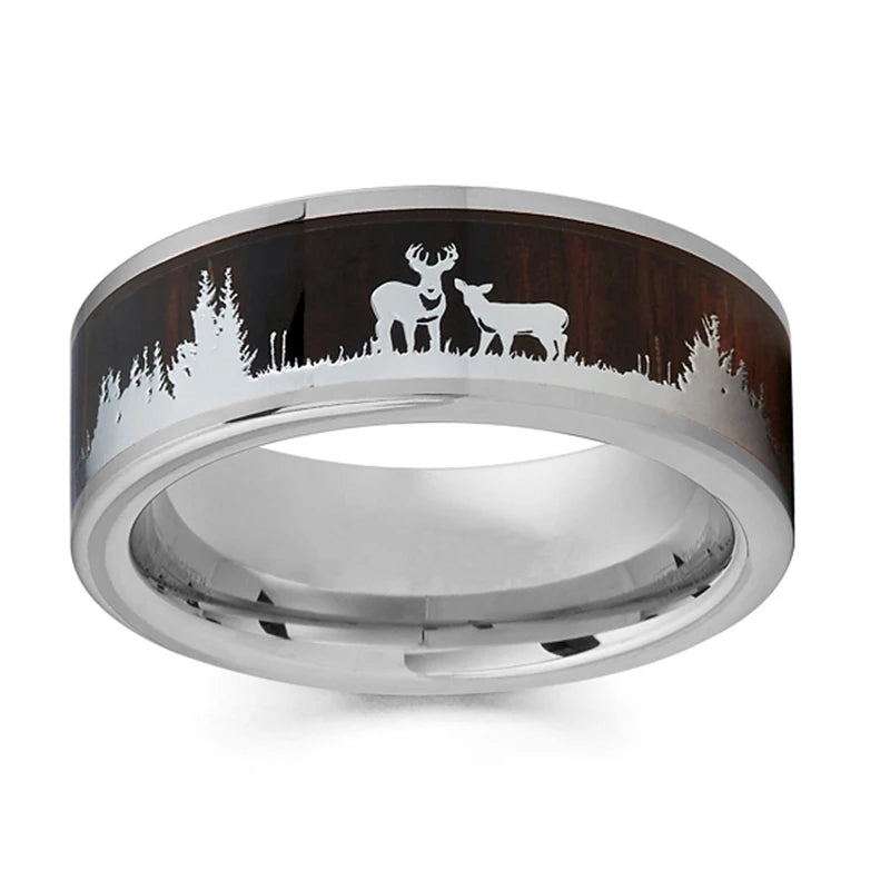 2023 fashion 8mm men black titanium wild life hunting ring koa wood inlay deer family silhouette steel wedding band