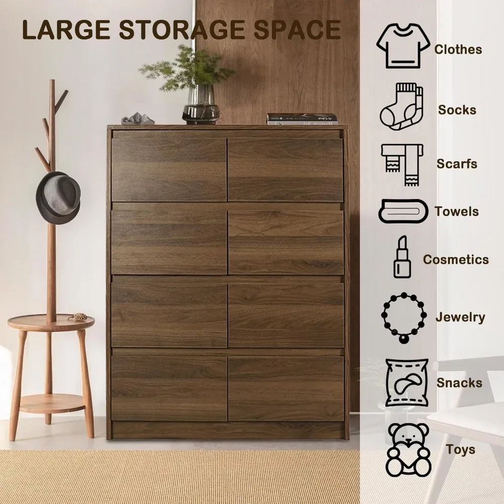 Modern tall 8-drawer double dresser in wood for bedroom storage