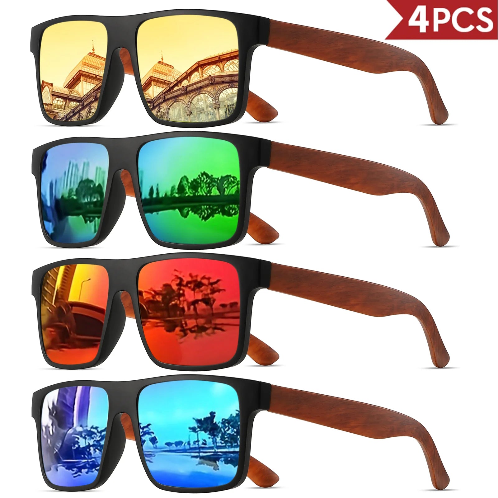 4pcs polarized retro square sunglasses - mahogany wood grain temples & spring hinges uv400 for driving/travel/outdoor