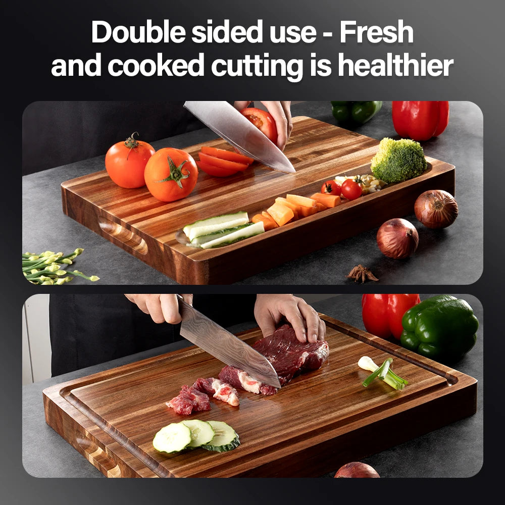 Thick acacia wood cutting board double-sided using large solid wooden chopping block with juice groove food-safe