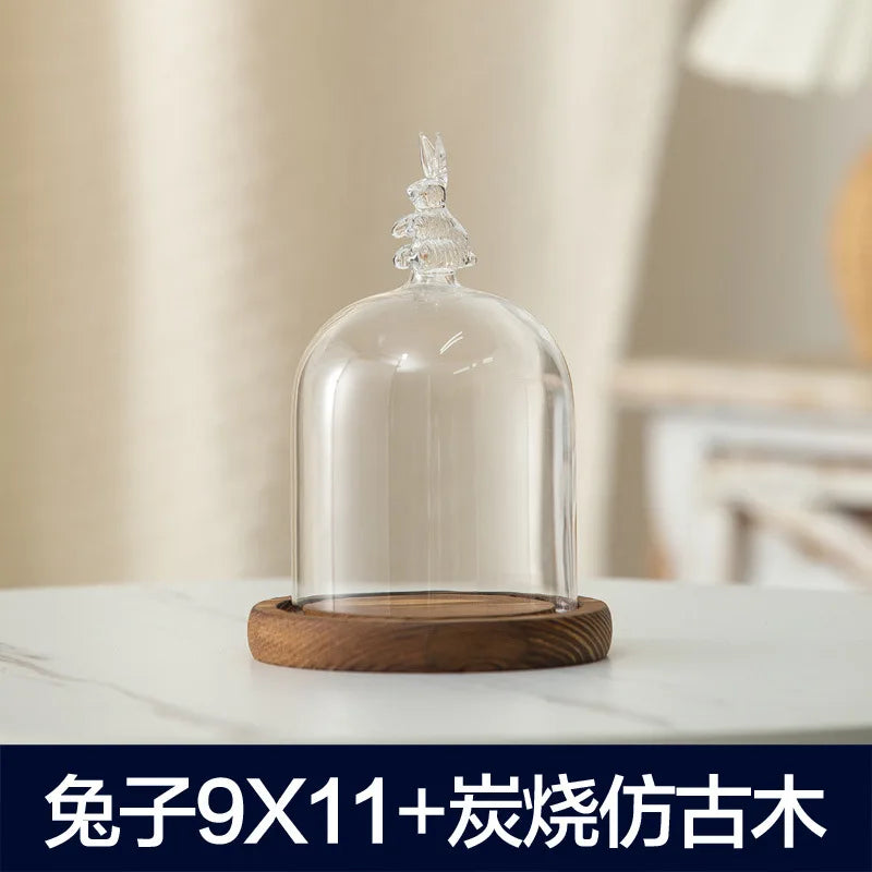 Aromatherapy candle holder ornaments dust-proof glass cover wooden base display box home decoration - rabbit 11cm