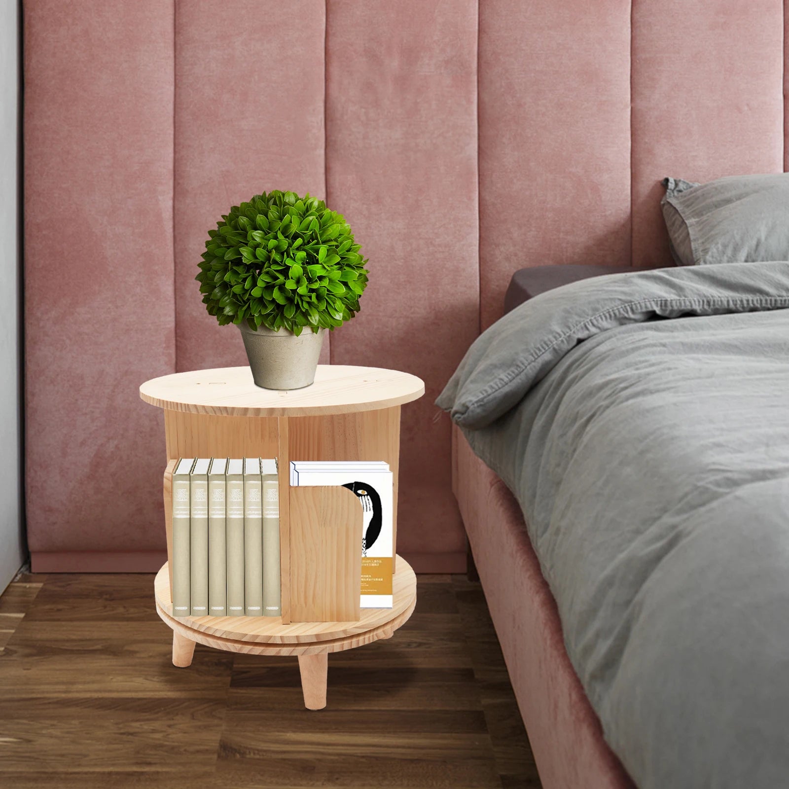 Revolving bookshelf new zealand pine wood 4 compartments strong load-bearing capacity (110lbs) minimalist design