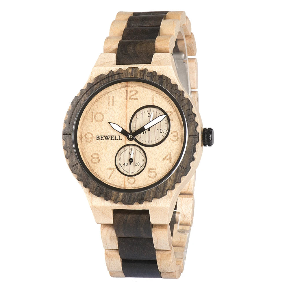 Wood watches for men analog quartz date retro handcraft lightweight wooden wristwatch - 154b