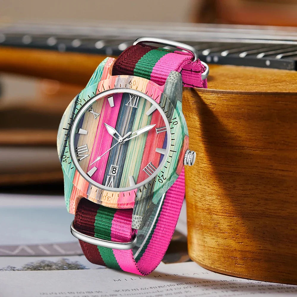 Elegant colorful bamboo wood quartz women’s watch fashionable color band 2024 lover gift wristwatch