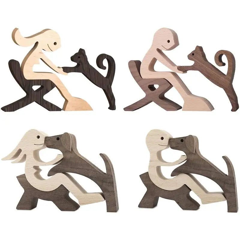 Cute wood dog human statue craft figurine desktop table ornament carving model home room decoration pet sculpture