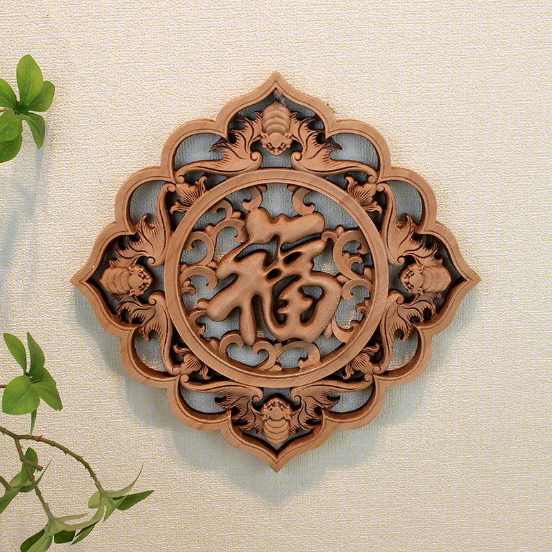 Chinese style wooden wall art camphor wood carving round floral bird decor for living room & bedroom decoration