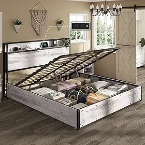 King size wooden bed frame with lift-up storage and charging station platform without spring box - united states