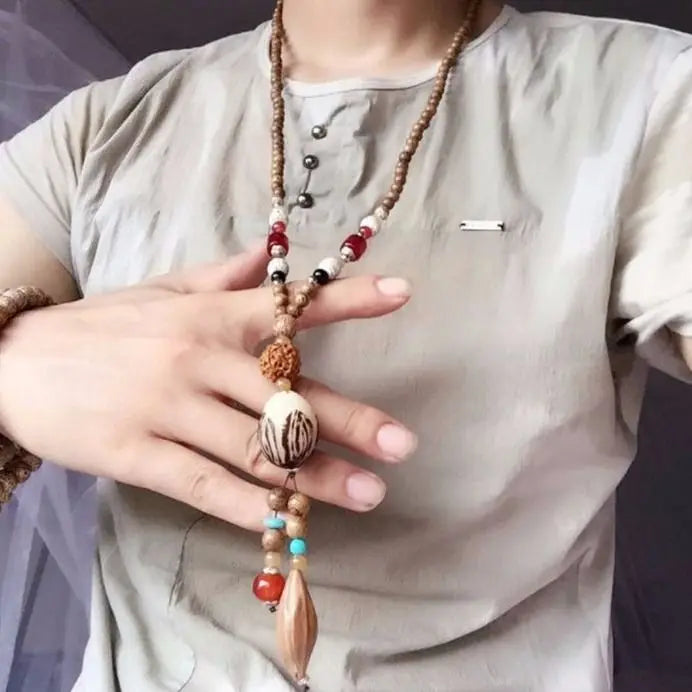 Chinese style minimalist wooden necklace long buddha bead sweater chain versatile personalized pendant men’s