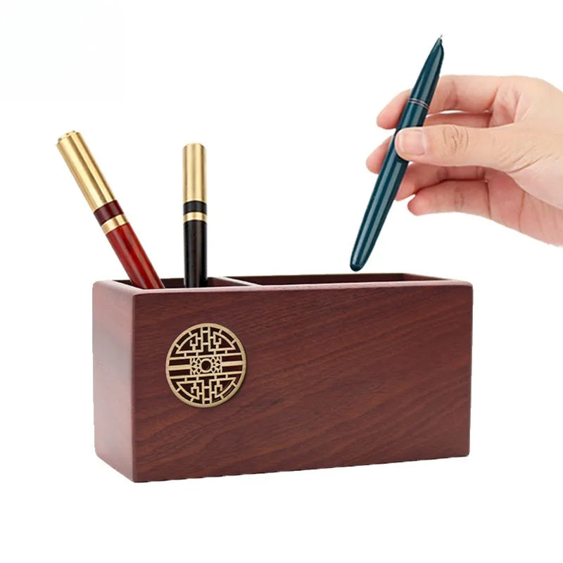 Graduation gift wooden pen holder chinese style hand carved desk organizer natural wood stationery storage