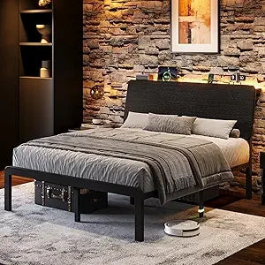 Queen size metal bed frame with led lights & charging station ergonomic platform wooden storage headboard heavy-duty