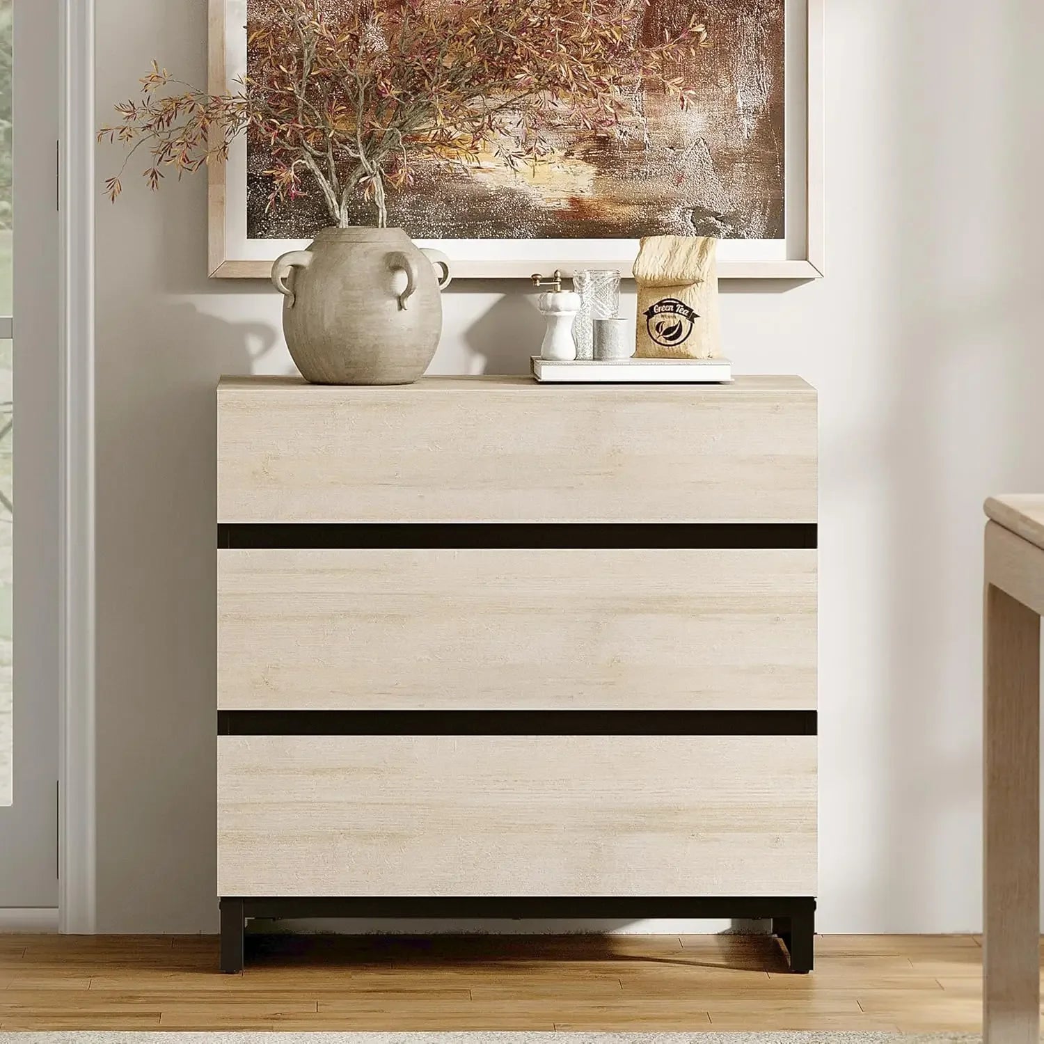 Dresser for bedroom closet organizers and storage with 3 drawers chest of metal base modern wood - light oak / united