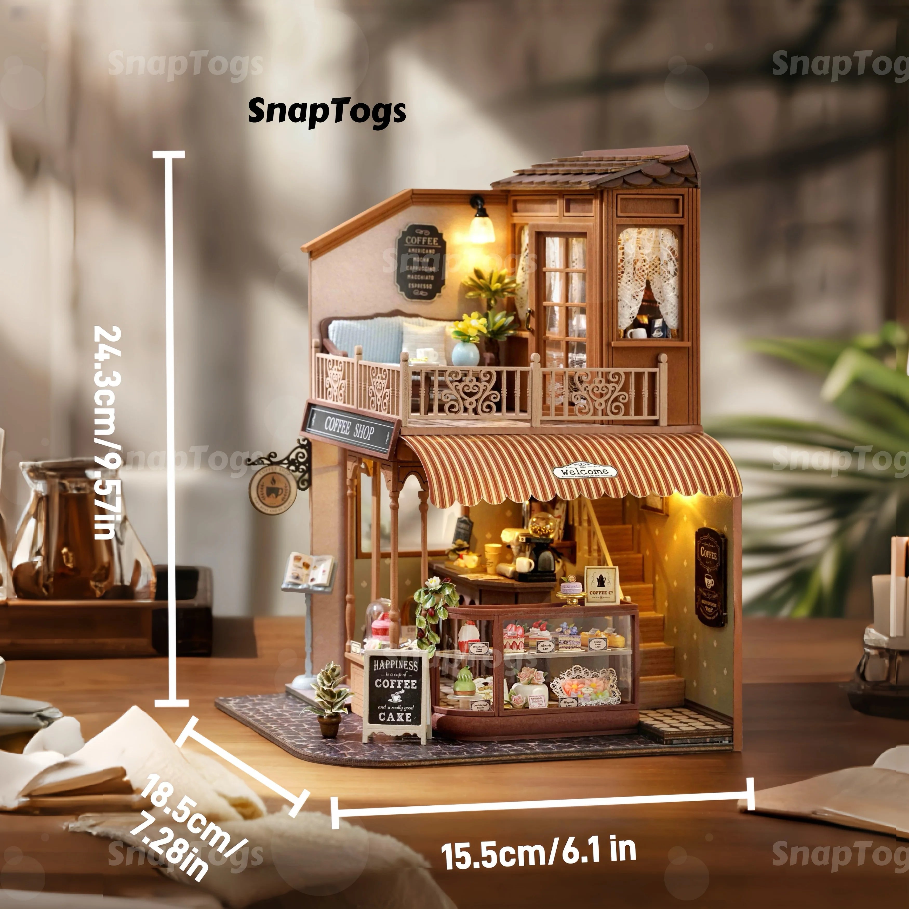 Snaptogs diy miniature duplex café wooden building blocks kit house roombox book nook tiny doll gift decor music box