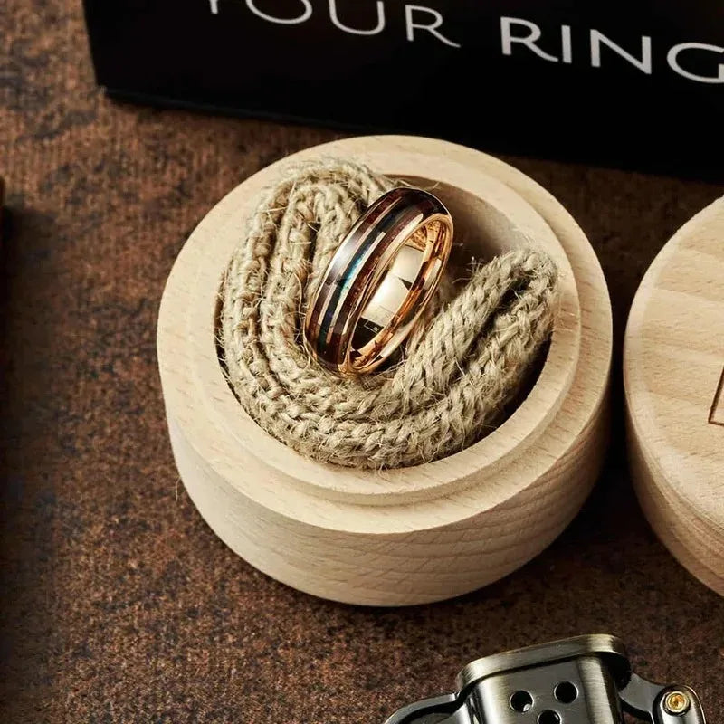 Fashion 8mm men rose gold color stainless steel rings inlay hawaiian koa wood and abalone shell for wedding jewelry