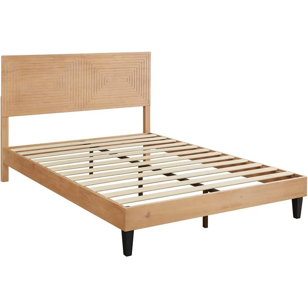 Solid wood king size bed frame with adjustable height headboard mid century modern style mattress foundation