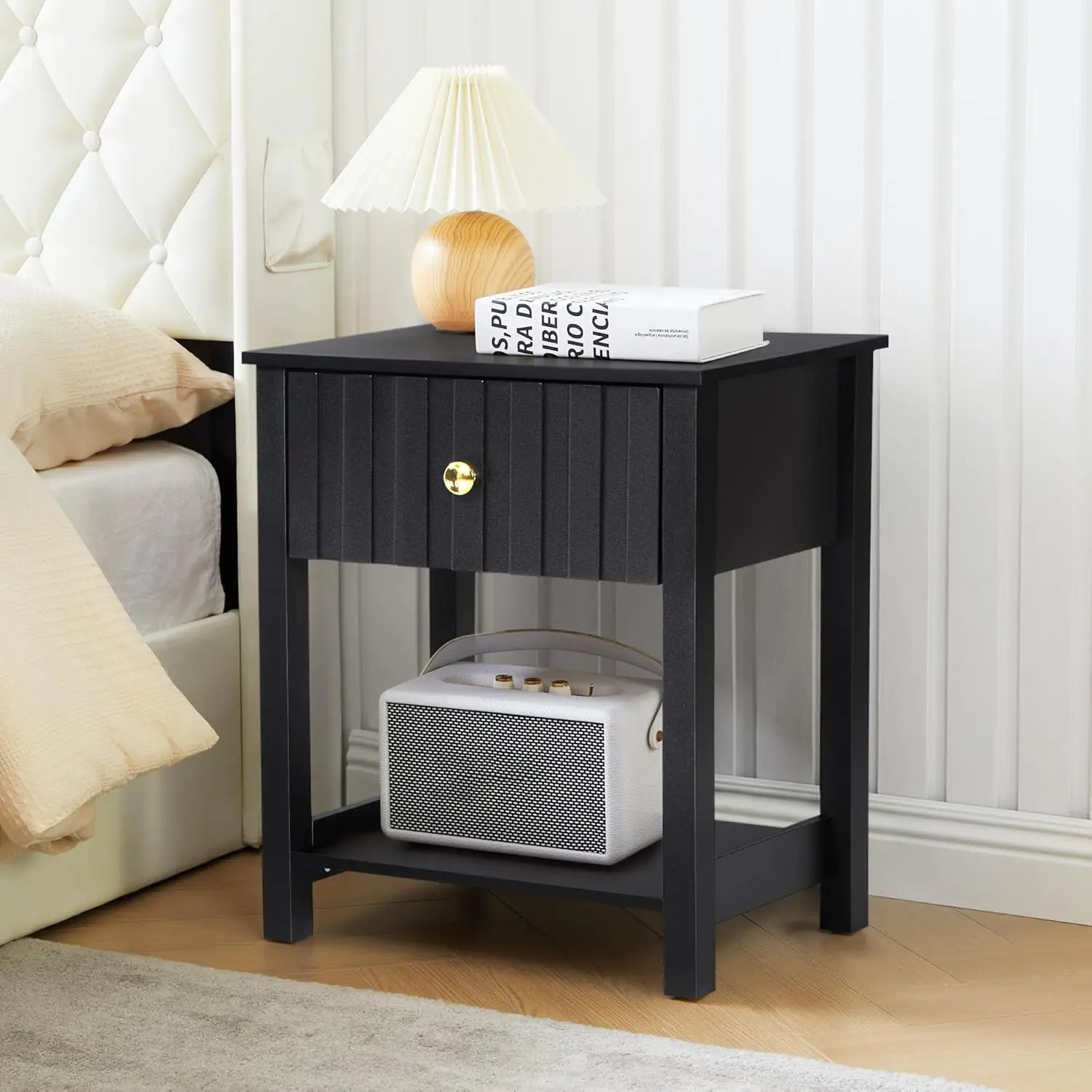 Wood nightstand 21.65’’ h bedside table with wide fluted finish modern night stands drawer mid century end - black