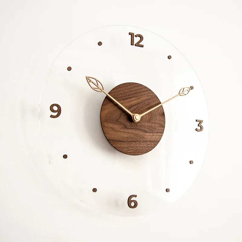 Simple nordic black walnut wooden wall clock creative solid acrylic glass home living room decorative