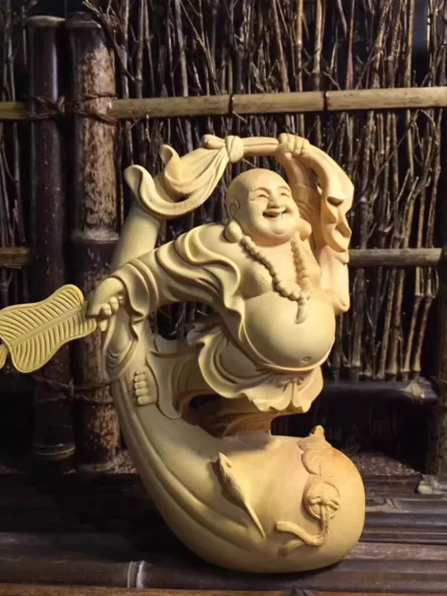 Wooden mi lefo smiling buddha figure statue creative solid wood hand carving cute home decoration fortune ornaments