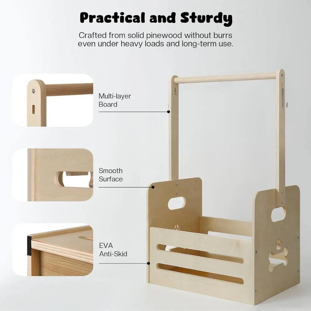 35l wooden dog storage organizer toy bin with hanging rods 27’’x16’’x11’’ pet wardrobe closet 2 metal hooks clothes