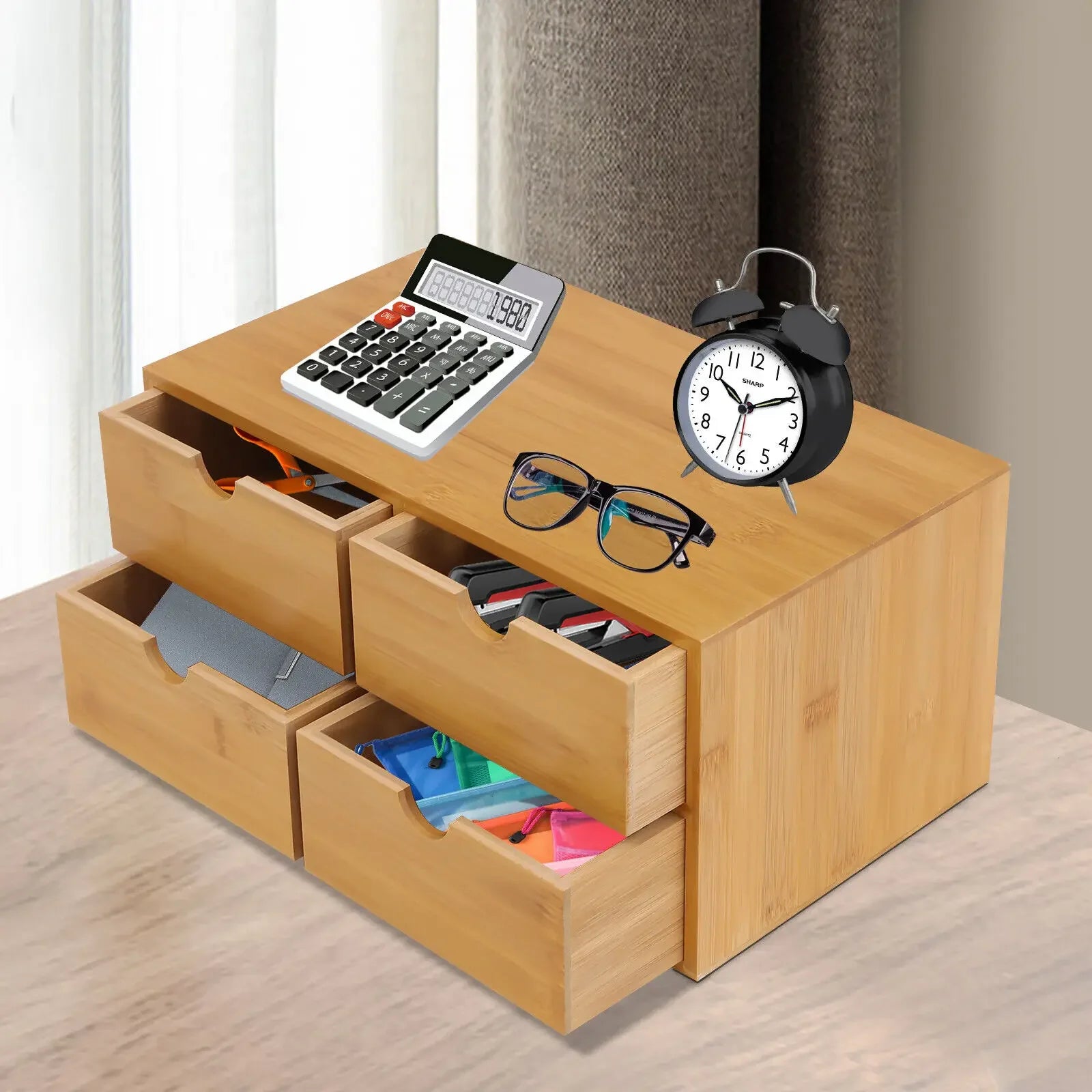 Bamboo desk organizer with 4 storage drawers tabletop box school office stationery home - light brown / united states