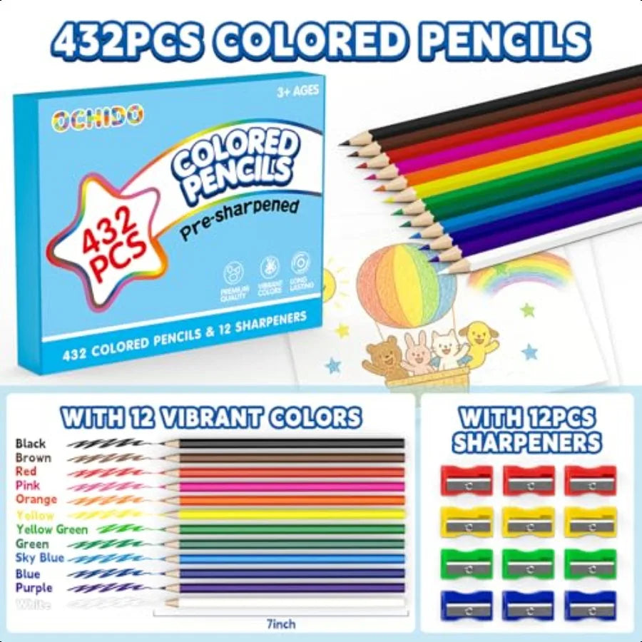 Ochido 432 count colored pencils bulk presharpened for in 12 bright colors color pencil set with sharpeners - united
