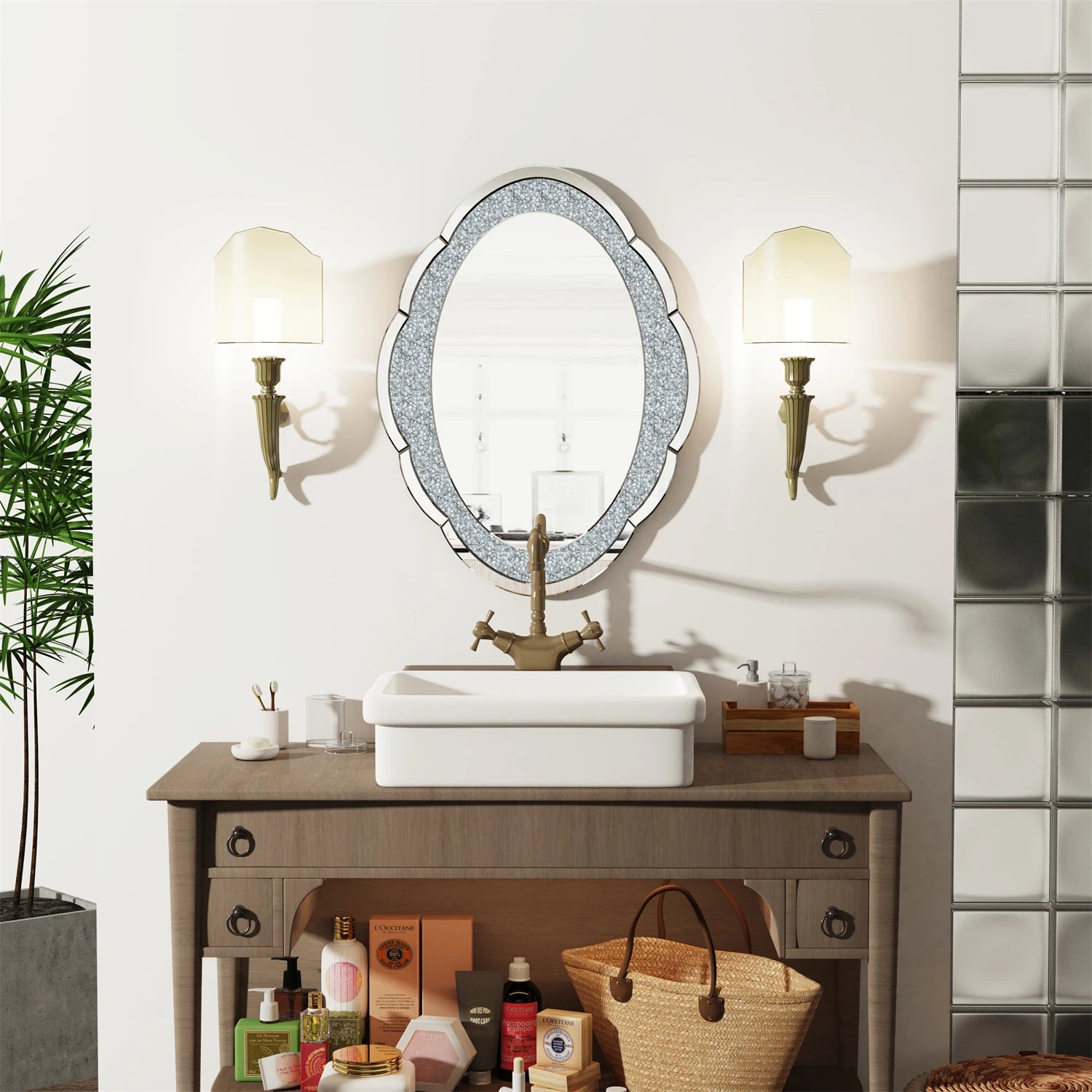 Large bling diamond crystal wall mirror bedroom livingroom hall entry accent art silver glass decor